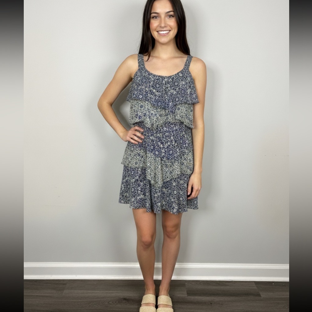 Robbie Bee Navy Chiffon Tiered Mini Dress